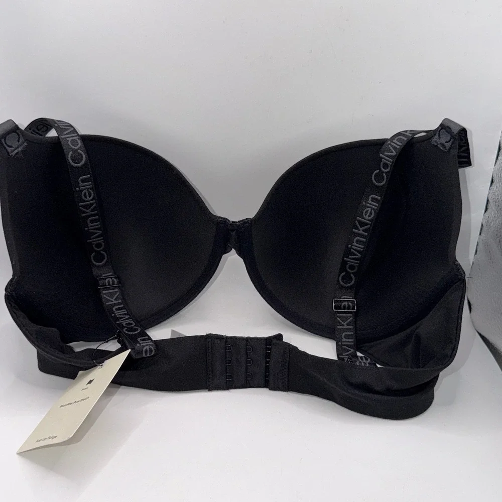 Calvin Klein 36C Microfiber Pure Stretch Push Up Plunge Bra Black Logo Everyday
